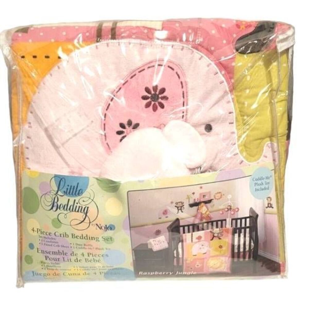 LITTLE BEDDING BY NOJO 4 PC 'RASPBERRY JUNGLE' BABY CRIB SET PINK ELEPHANT